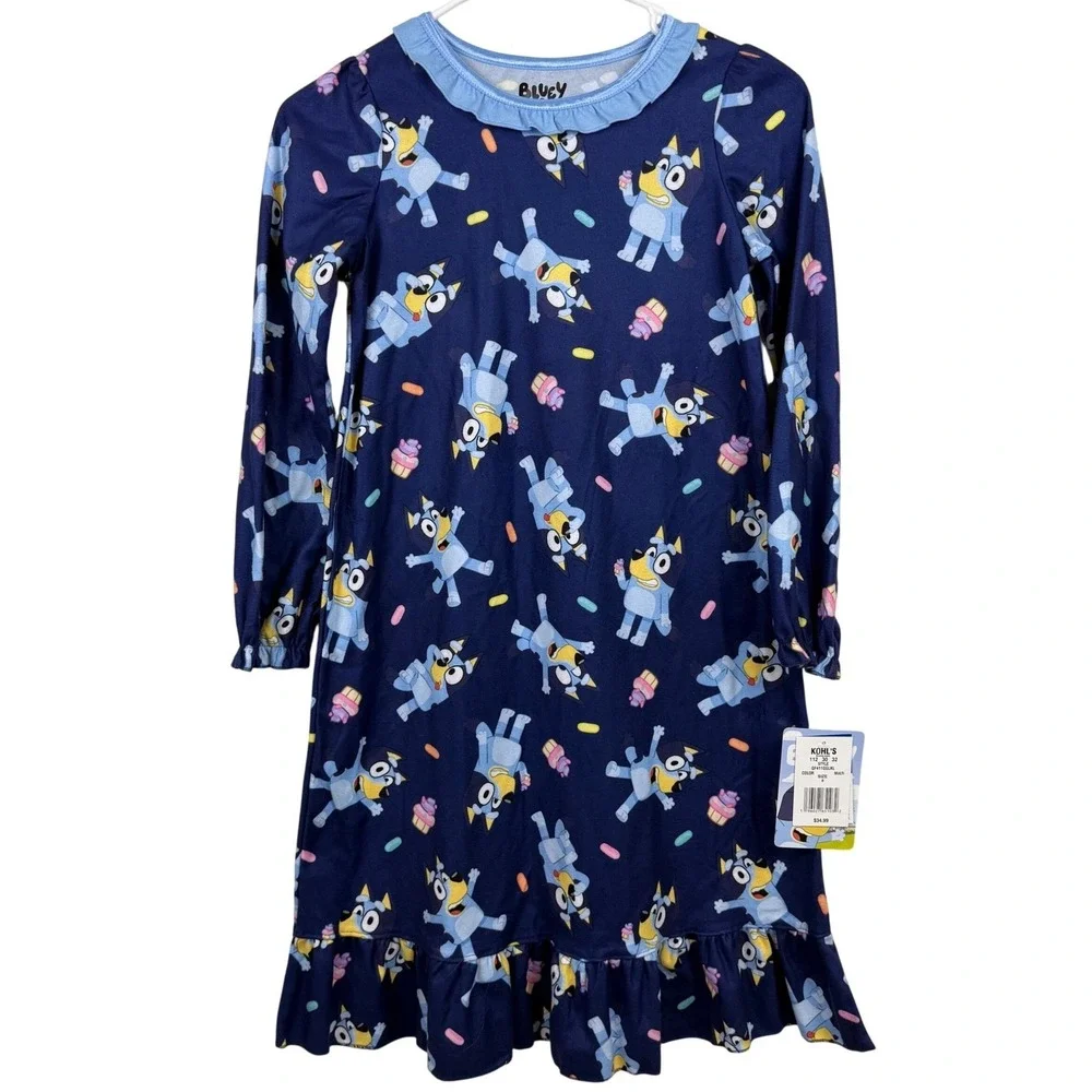 Bluey Girl Cupcake Party Long Sleeve Flame Resistant Nightgown Pajama Size 8 NWT
